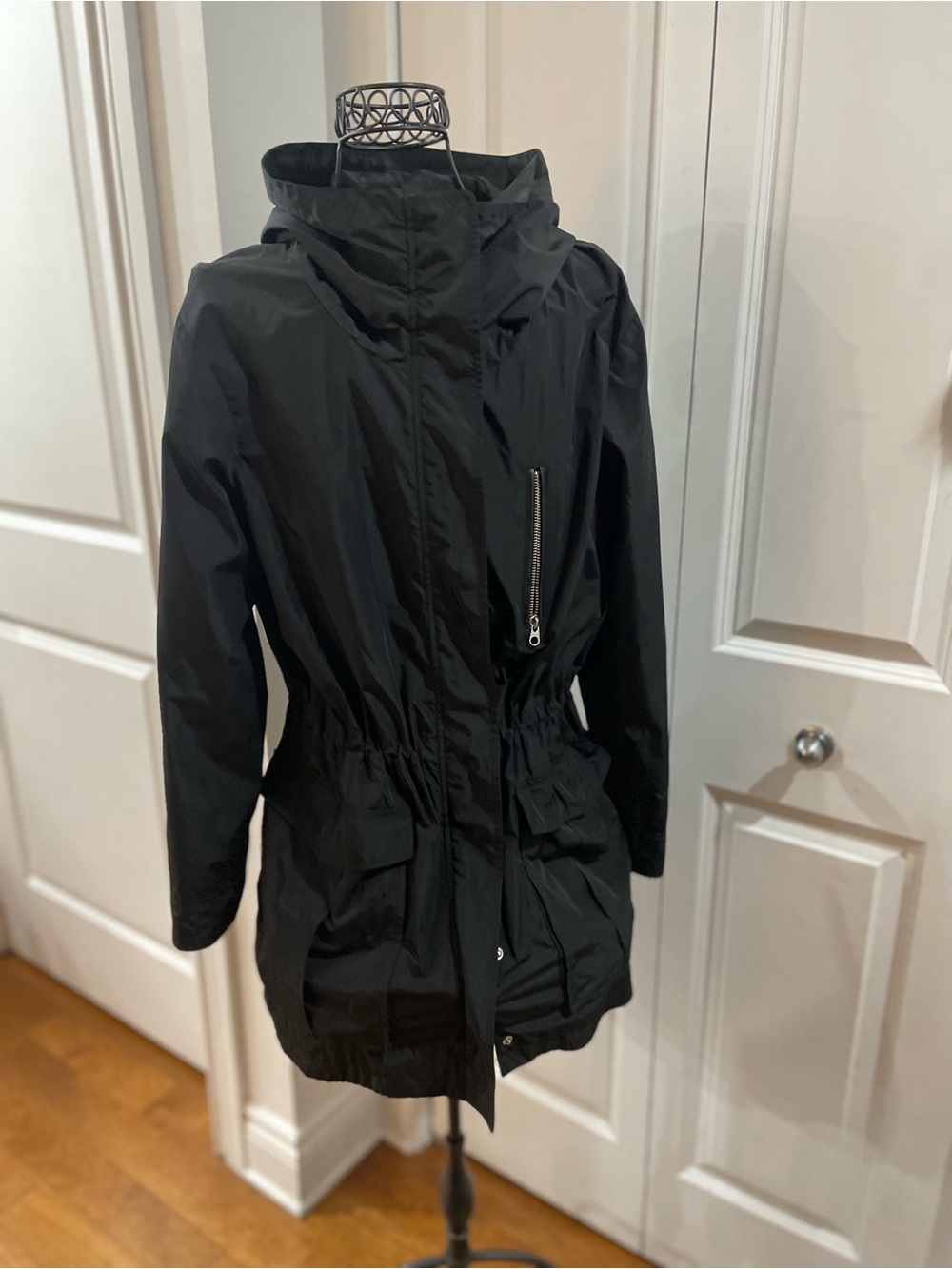 Mackage Black Hooded Trench Coat with Cinched Waist - Picture 2 of 10
